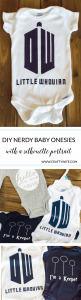 Make an easy baby shower gift for the nerdy mom to be with a silhouette portrait machine! These nerdy baby onesies are perfect for the ultimate Whovian or Potterhead.