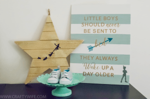 Create a sweet and sentimental piece of art for a little boy's room with this famous quote from J.M. Barrie's Peter Pan. Perfect for a Peter Pan Nursery!
