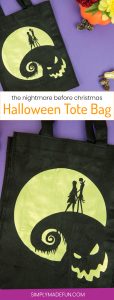 Halloween Tote Bag - As a kid I always wanted my own personalized Halloween tote bag to carry my candy around in, but since that'll never happen I can at least do it for my kids! This easy Nightmare Before Halloween tote bag can be made with a Silhouette or Cricut machine. It's so spooky, even the parents will want one of their own.