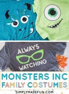 Mike, Sully, and Roz from Monsters Inc family Halloween costumes made with heat transfer vinyl and a Silhouette machine