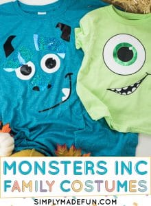 Mike Wazowski and Sully from Monsters Inc family Halloween costumes made with heat transfer vinyl and a Silhouette machine